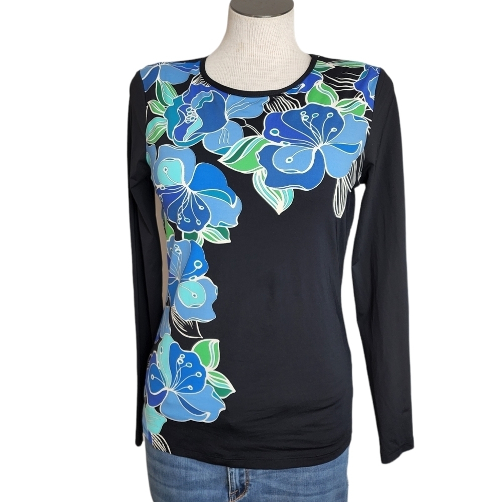 Lands' End Swim Crew Neck Rash Guard UPF 50 Black Floral Long Sleeve Size S